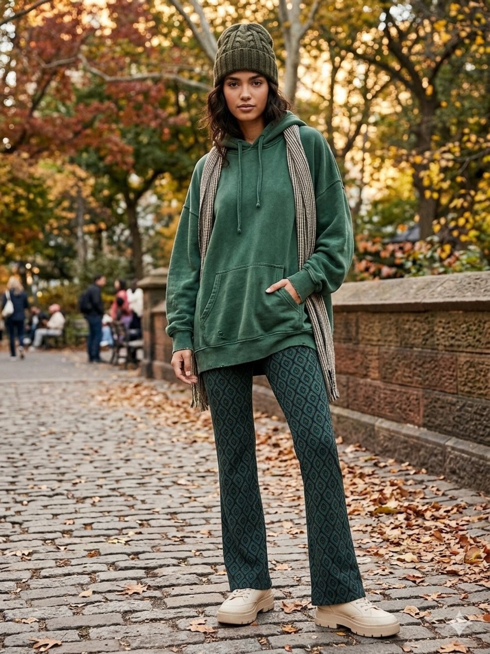 Free People | Dark Green Diamond Knit Wide-Leg Pants